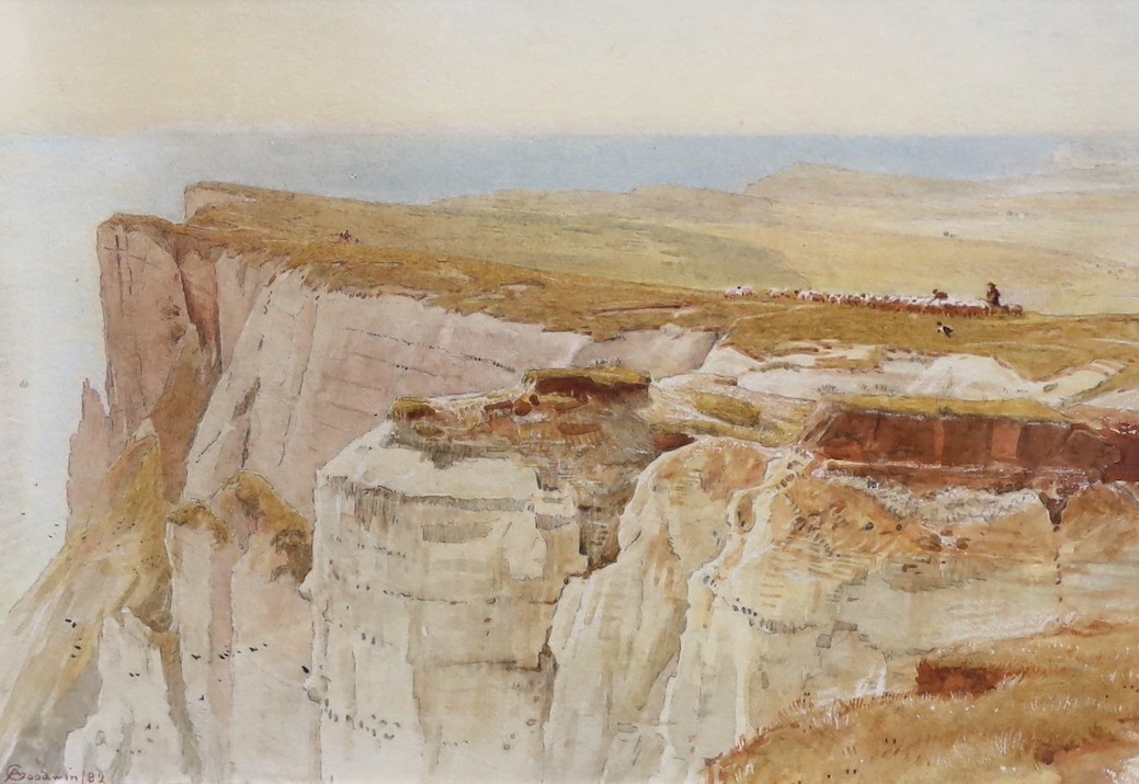 Albert Goodwin RWS (British, 1845-1932), 'Beachy Head - Driving sheep on the cliffs', watercolour, 24 x 34cm